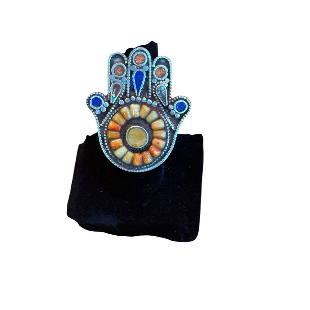 Large Southwestern Silver Tone Hamsa Hand Ring Turquoise Lapis Coral Size 8.5